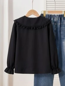 SHEIN 1件日韓風春夏薄款單件開學甜美蕾絲飾邊娃娃領白色女式襯衫，可拆卸蝴蝶結，寬鬆雪紡泡泡長袖附荷葉袖口，通勤百搭青春內搭上衣，優雅甜美白色小襯衫，韓風娃娃領襯衫女款 - 黑色 - 查看 2