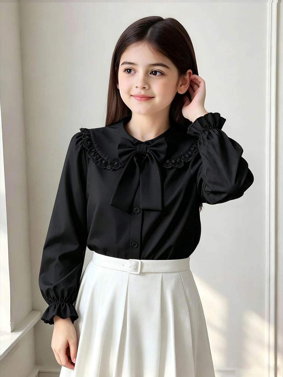 SHEIN 1件日韓風春夏薄款單件開學甜美蕾絲飾邊娃娃領白色女式襯衫,可拆卸蝴蝶結,寬鬆雪紡泡泡長袖附荷葉袖口,通勤百搭青春內搭上衣,優雅甜美白色小襯衫,韓風娃娃領襯衫女款 - 黑色 - 查看 1
