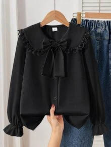 SHEIN 1件日韓風春夏薄款單件開學甜美蕾絲飾邊娃娃領白色女式襯衫，可拆卸蝴蝶結，寬鬆雪紡泡泡長袖附荷葉袖口，通勤百搭青春內搭上衣，優雅甜美白色小襯衫，韓風娃娃領襯衫女款 - 黑色 - 查看 3