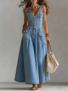 LUMIGAL Gaun Denim Kasual Wanita Berlipit dengan Kancing Depan dan Saku, Cocok untuk Sehari-hari - Biru - View 1