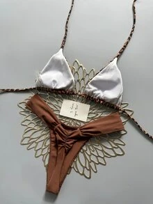 Swim Mod 女款夏季海灘豹紋掛脖綁帶性感比基尼三角褲兩件式泳衣套裝 - 彩色 - 查看 2