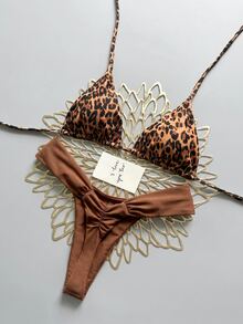 Swim Mod 女款夏季海灘豹紋掛脖綁帶性感比基尼三角褲兩件式泳衣套裝 - 彩色 - 查看 1