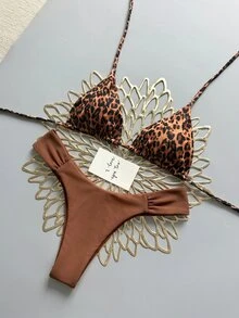 Swim Mod 女款夏季海灘豹紋掛脖綁帶性感比基尼三角褲兩件式泳衣套裝 - 彩色 - 查看 4