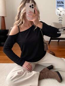 SHEIN LUNE 95%棉落肩長袖女款T恤，秋冬內搭，適合外出穿搭 - 彩色 - 查看 7