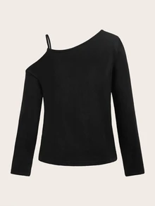 SHEIN LUNE 95%棉落肩長袖女款T恤，秋冬內搭，適合外出穿搭 - 彩色 - 查看 4