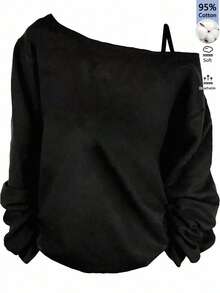 SHEIN LUNE 95%棉落肩長袖女款T恤，秋冬內搭，適合外出穿搭 - 彩色 - 查看 1
