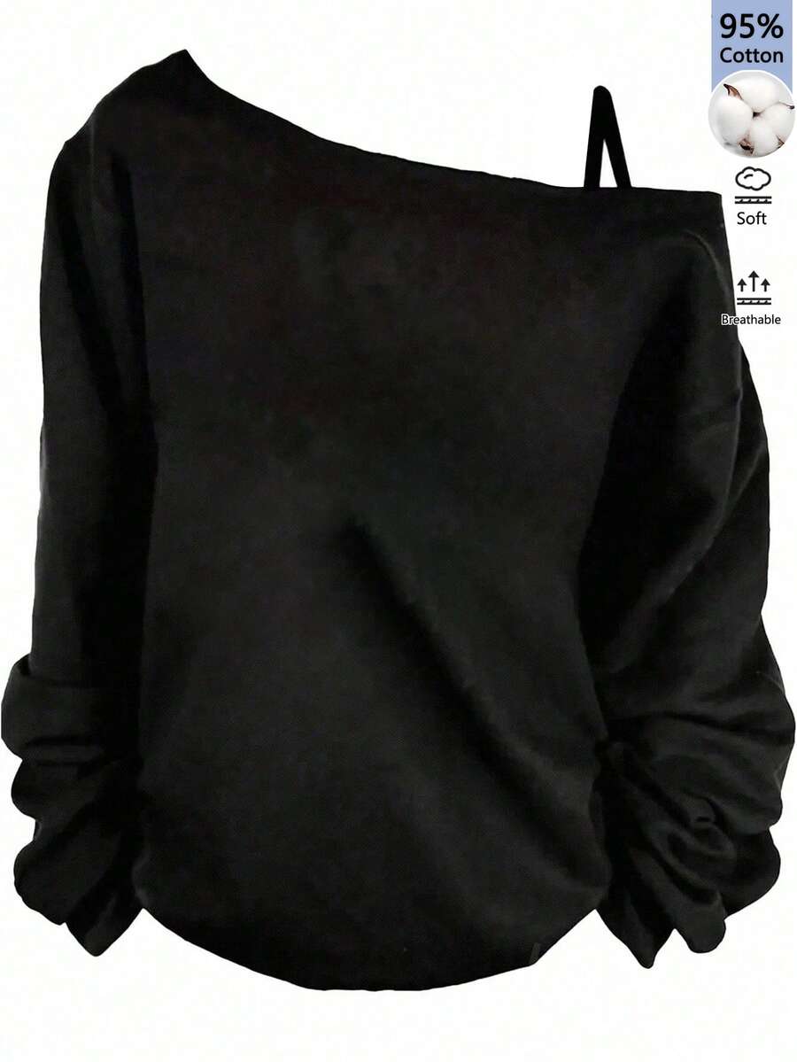 SHEIN LUNE 95%棉落肩長袖女款T恤,秋冬內搭,適合外出穿搭 - 彩色 - 查看 1