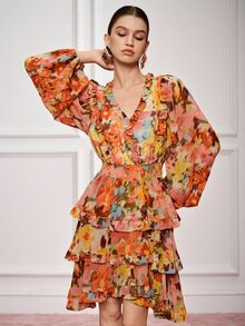 BELROSIE Chiffon Floral Fabric Elegant Waist-Cinching Slimming Cake Mini Dress/Print: Yes(Random) Brunch Orange And Yellow Autumn - Multicolor - View 6
