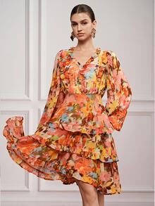 BELROSIE Chiffon Floral Fabric Elegant Waist-Cinching Slimming Cake Mini Dress/Print: Yes(Random) Brunch Orange And Yellow Autumn - Multicolor - View 3