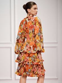 BELROSIE Chiffon Floral Fabric Elegant Waist-Cinching Slimming Cake Mini Dress/Print: Yes(Random) Brunch Orange And Yellow Autumn - Multicolor - View 4