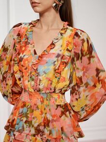 BELROSIE Chiffon Floral Fabric Elegant Waist-Cinching Slimming Cake Mini Dress/Print: Yes(Random) Brunch Orange And Yellow Autumn - Multicolor - View 1