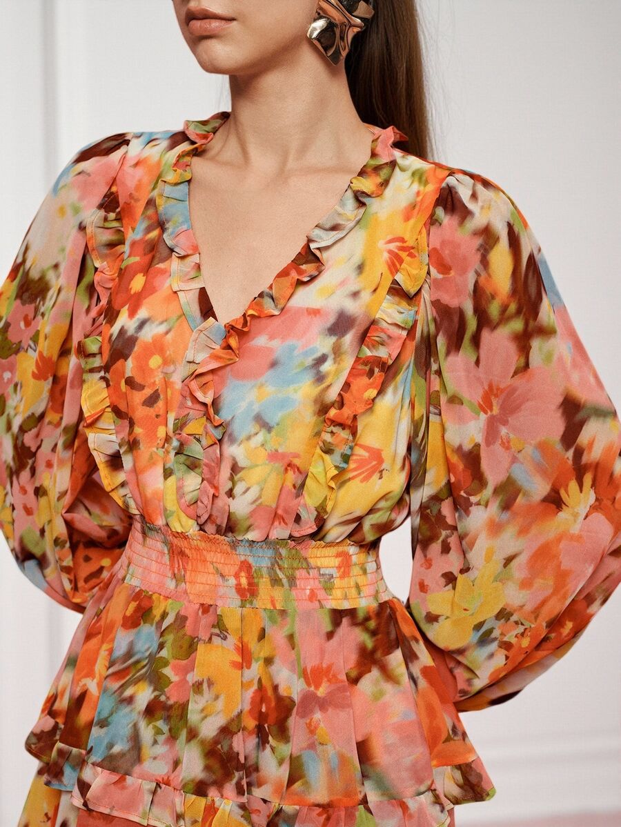 BELROSIE Chiffon Floral Fabric Elegant Waist-Cinching Slimming Cake Mini Dress/Print: Yes(Random) Brunch Orange And Yellow Autumn - Multicolor - View 1