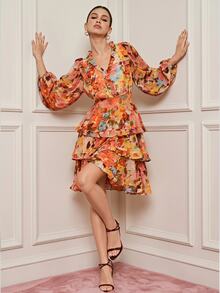 BELROSIE Chiffon Floral Fabric Elegant Waist-Cinching Slimming Cake Mini Dress/Print: Yes(Random) Brunch Orange And Yellow Autumn - Multicolor - View 2