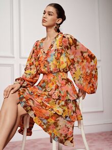 BELROSIE Chiffon Floral Fabric Elegant Waist-Cinching Slimming Cake Mini Dress/Print: Yes(Random) Brunch Orange And Yellow Autumn - Multicolor - View 5