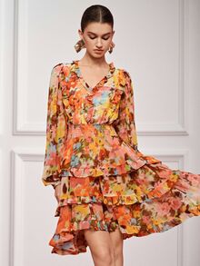 BELROSIE Chiffon Floral Fabric Elegant Waist-Cinching Slimming Cake Mini Dress/Print: Yes(Random) Brunch Orange And Yellow Autumn - Multicolor - View 7
