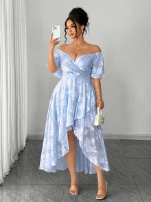 Elenzga Plus Size Women's Elegant Blue And White Summer Wedding Cocktail Formal Guest Maxi Dress Overlap Collar Jacquard Multi-Layer Ruffle Puff Sleeve Floral - Baby Blue - View 7