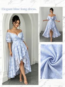 Elenzga Plus Size Women's Elegant Blue And White Summer Wedding Cocktail Formal Guest Maxi Dress Overlap Collar Jacquard Multi-Layer Ruffle Puff Sleeve Floral - Baby Blue - View 3