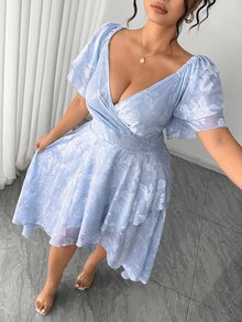 Elenzga Plus Size Women's Elegant Blue And White Summer Wedding Cocktail Formal Guest Maxi Dress Overlap Collar Jacquard Multi-Layer Ruffle Puff Sleeve Floral - Baby Blue - View 8