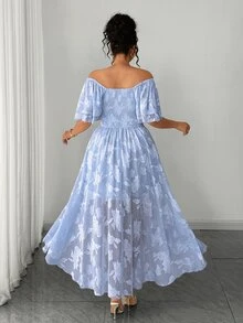 Elenzga Plus Size Women's Elegant Blue And White Summer Wedding Cocktail Formal Guest Maxi Dress Overlap Collar Jacquard Multi-Layer Ruffle Puff Sleeve Floral - Baby Blue - View 5