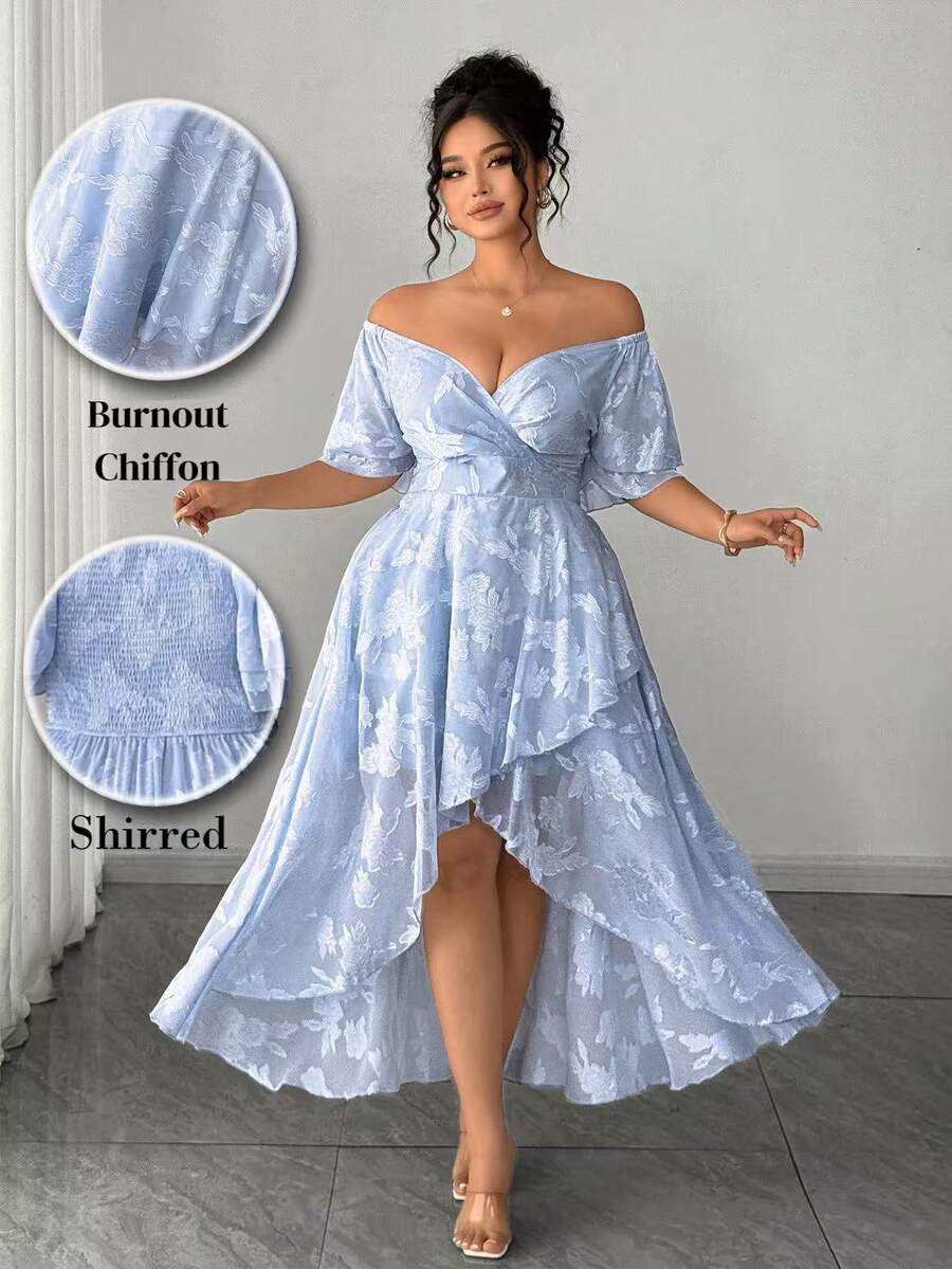 Elenzga Plus Size Women's Elegant Blue And White Summer Wedding Cocktail Formal Guest Maxi Dress Overlap Collar Jacquard Multi-Layer Ruffle Puff Sleeve Floral - Baby Blue - View 1