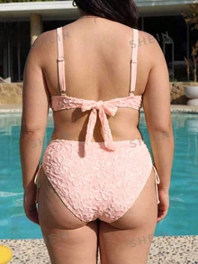Swim Mod 大尺碼歐美風鋼圈襯墊泳裝套裝，緹花軟杯比基尼，度假海灘派對假期粉色花卉夏季熱帶風 - 粉色 - 查看 2