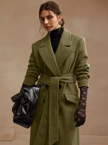 Anewsta Essential Anewsta 女士优雅橄榄绿中长款大衣，冬季收腰翻领羊毛混纺外套，适合新年、圣诞节、秋季、冬季穿着，优雅、时尚、休闲、奢华 - 橄欖綠 - 查看 3