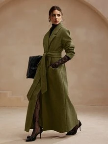Anewsta Essential Anewsta 女士优雅橄榄绿中长款大衣，冬季收腰翻领羊毛混纺外套，适合新年、圣诞节、秋季、冬季穿着，优雅、时尚、休闲、奢华 - 橄欖綠 - 查看 4