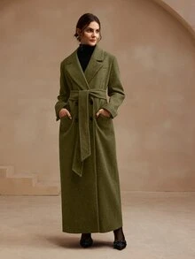 Anewsta Essential Anewsta 女士优雅橄榄绿中长款大衣，冬季收腰翻领羊毛混纺外套，适合新年、圣诞节、秋季、冬季穿着，优雅、时尚、休闲、奢华 - 橄欖綠 - 查看 6