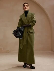 Anewsta Essential Anewsta 女士优雅橄榄绿中长款大衣，冬季收腰翻领羊毛混纺外套，适合新年、圣诞节、秋季、冬季穿着，优雅、时尚、休闲、奢华 - 橄欖綠 - 查看 1