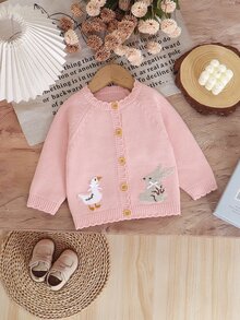 SHEIN 1件純棉粉色嬰兒可愛開襟衫：圓領長袖鴨子與兔子時尚夾克上衣，波浪蕾絲針織開襟衫，春/秋/冬多功能外套 - 粉色 - 查看 9