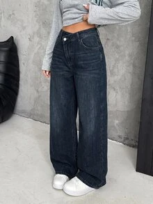 SHEIN 青少年女孩深藍色牛仔不對稱腰線寬鬆長褲 西部牛仔女風休閒 - 藍色 - 查看 3