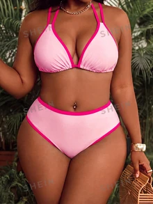 Swim Vcay European & American Plus Size Colorblock Halter Bikini Set, Basic Triangle Cup Halter Tie Bikini, Slimming & Sexy - Pink - View 4