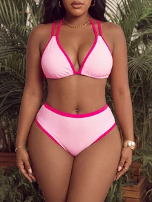 Swim Vcay European & American Plus Size Colorblock Halter Bikini Set, Basic Triangle Cup Halter Tie Bikini, Slimming & Sexy - Pink - View 3