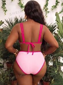 Swim Vcay European & American Plus Size Colorblock Halter Bikini Set, Basic Triangle Cup Halter Tie Bikini, Slimming & Sexy - Pink - View 2