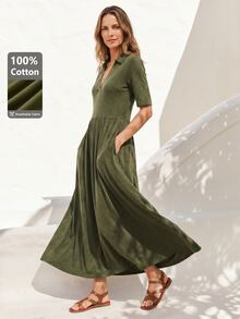 Dayvera Women's Summer Casual Solid Color Short Sleeve Pocket Dress Brunch Vacation Olive Green - Army Green - View 2