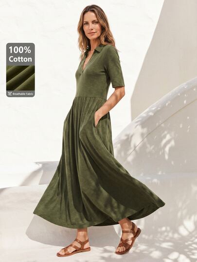 Dayvera Women's Summer Casual Solid Color Short Sleeve Pocket Dress Brunch Vacation Olive Green