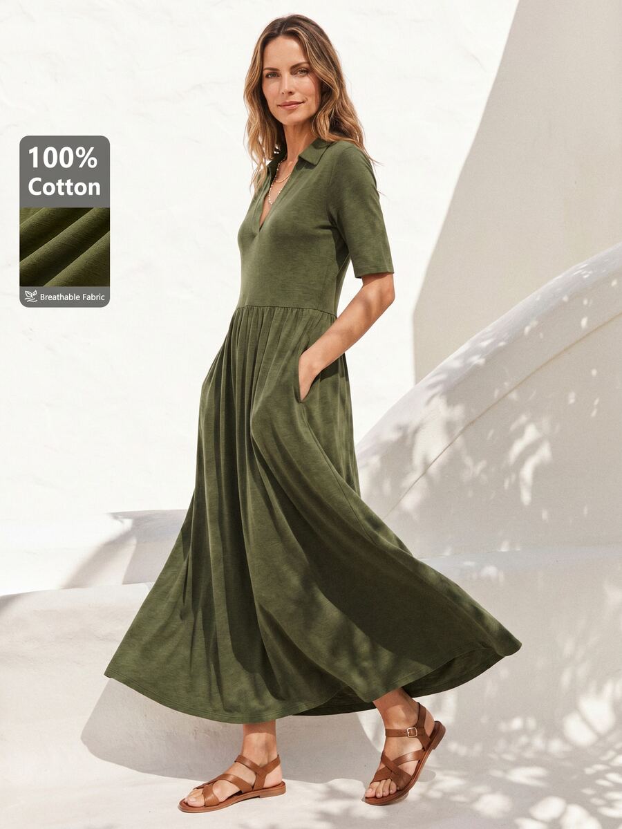 Dayvera Women's Summer Casual Solid Color Short Sleeve Pocket Dress Brunch Vacation Olive Green