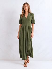 Dayvera Women's Summer Casual Solid Color Short Sleeve Pocket Dress Brunch Vacation Olive Green - Army Green - View 4
