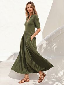 Dayvera Women's Summer Casual Solid Color Short Sleeve Pocket Dress Brunch Vacation Olive Green - Army Green - View 6