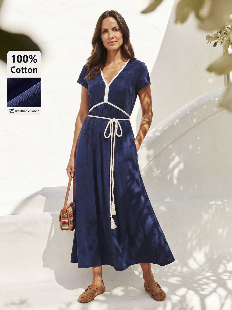 Dayvera Women's V-Neck Short Sleeve Pocket Casual Midi Dress For Vacation Navy Blue Summer - Royal Blue - View 1
