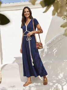 Dayvera Women's V-Neck Short Sleeve Pocket Casual Midi Dress For Vacation Navy Blue Summer - Royal Blue - View 4