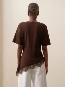 Briarwyn Women's Solid Color Short Sleeve Lace Hem Patchwork Fashion Top - Brown - View 4