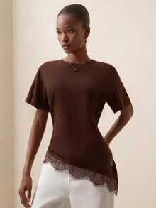 Briarwyn Women's Solid Color Short Sleeve Lace Hem Patchwork Fashion Top - Brown - View 6