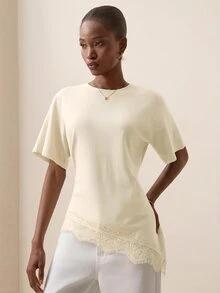 Briarwyn Women's Solid Color Round Neck Short Sleeve Contrast Lace Fashion Top - Apricot - View 6