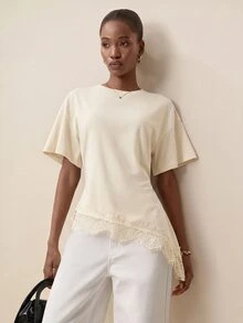 Briarwyn Women's Solid Color Round Neck Short Sleeve Contrast Lace Fashion Top - Apricot - View 8