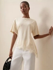 Briarwyn Women's Solid Color Round Neck Short Sleeve Contrast Lace Fashion Top - Apricot - View 7
