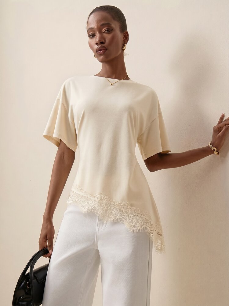 Briarwyn Women's Solid Color Round Neck Short Sleeve Contrast Lace Fashion Top - Apricot - View 7