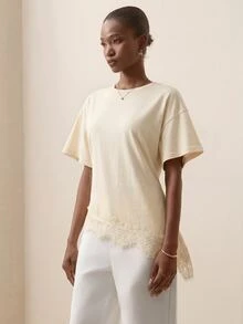 Briarwyn Women's Solid Color Round Neck Short Sleeve Contrast Lace Fashion Top - Apricot - View 3