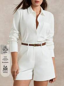 Briarwyn Women's Casual Commute Solid Color Shirt & Shorts 2 Pieces Set - White - View 6