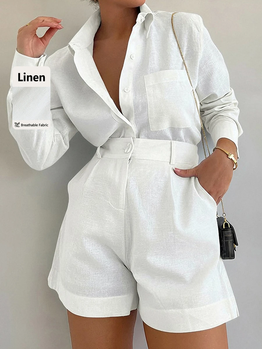 Briarwyn Women's Casual Commute Solid Color Shirt & Shorts 2 Pieces Set - White - View 1